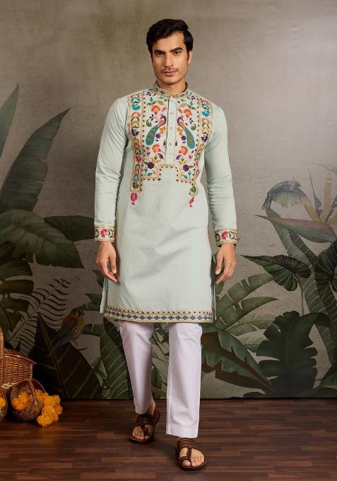 Pista Green Embroidered Silk Blend Kurta For Men