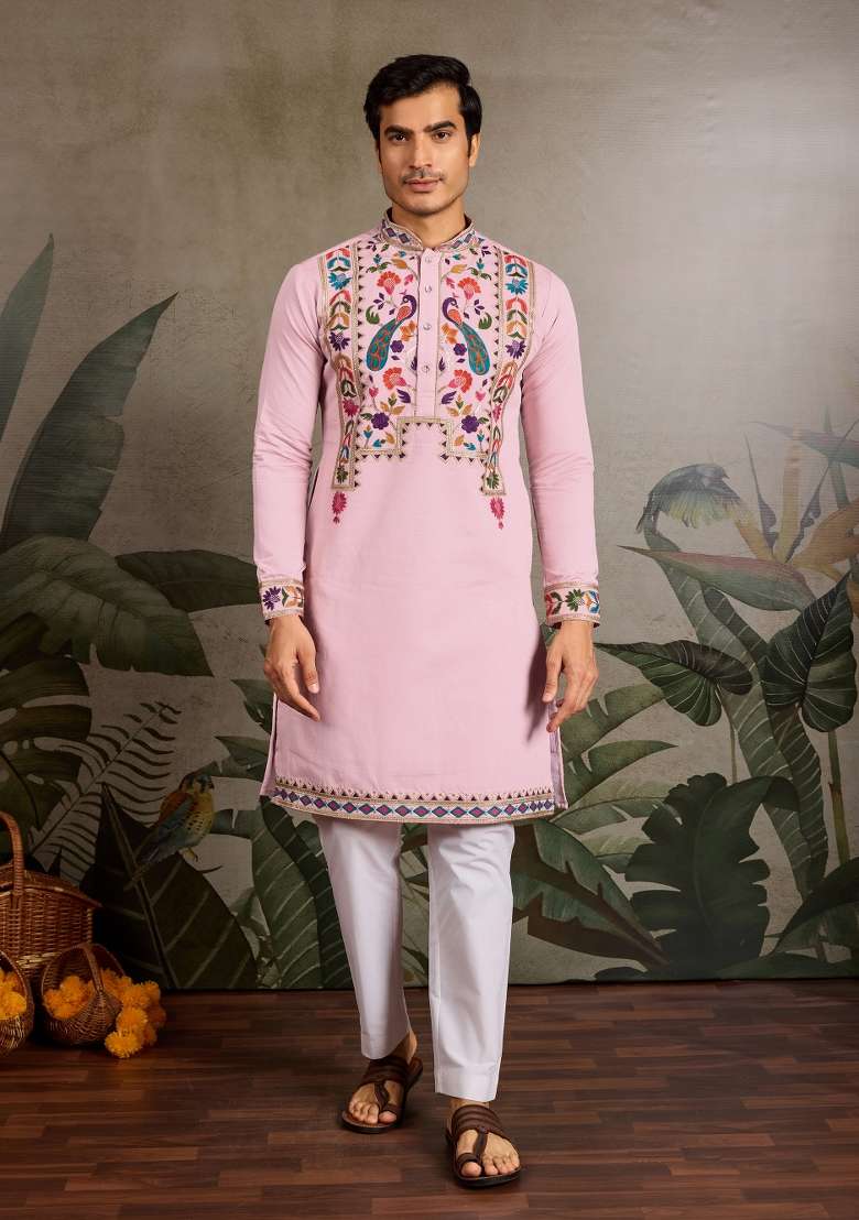 Pink Embroidered Silk Blend Kurta For Men - Indya