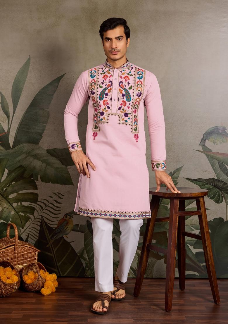 Pink Embroidered Silk Kurta For Men - Indya