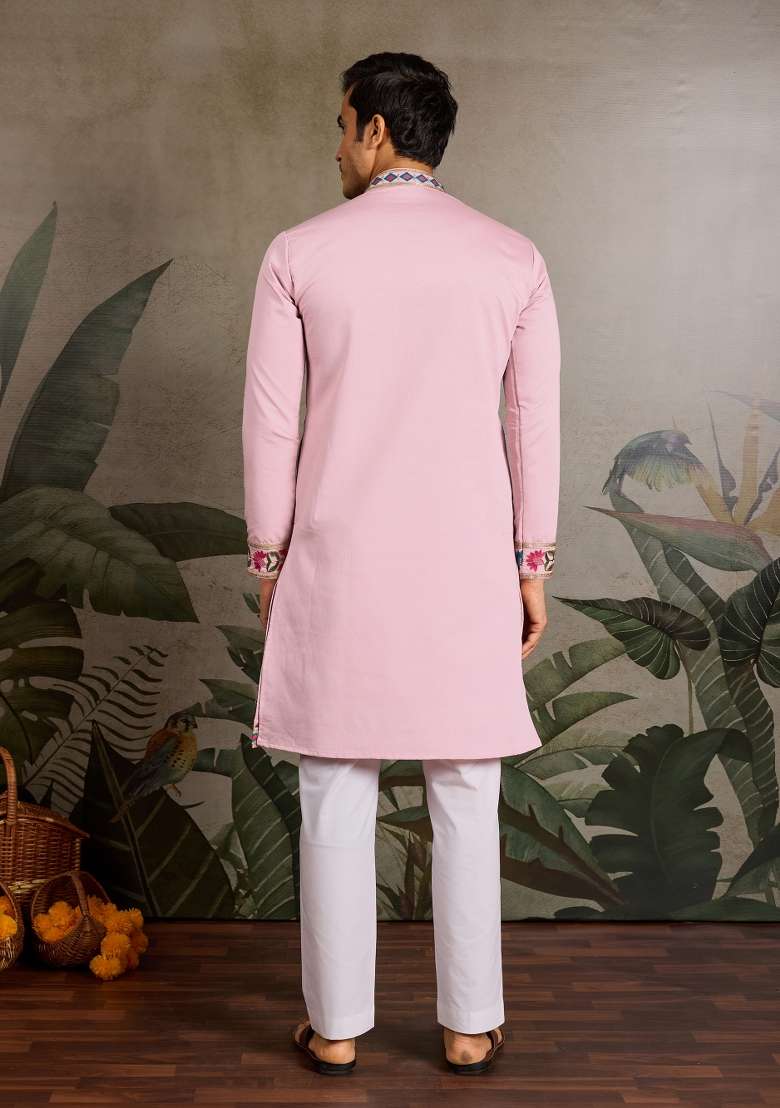 Pink Embroidered Silk Blend Kurta For Men - Indya