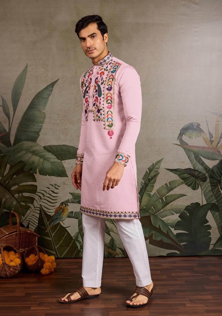 Pink Embroidered Silk Kurta For Men - Indya