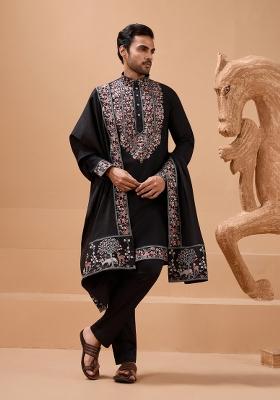 Black Embroidered Silk Kurta with Dupatta Set For Men