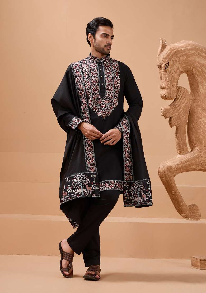Black Embroidered Silk Blend Kurta with Dupatta Set For Men - Indya