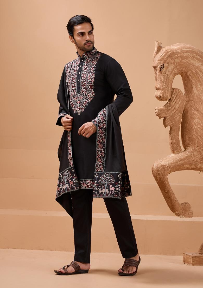 Black Embroidered Silk Kurta with Dupatta Set For Men - Indya