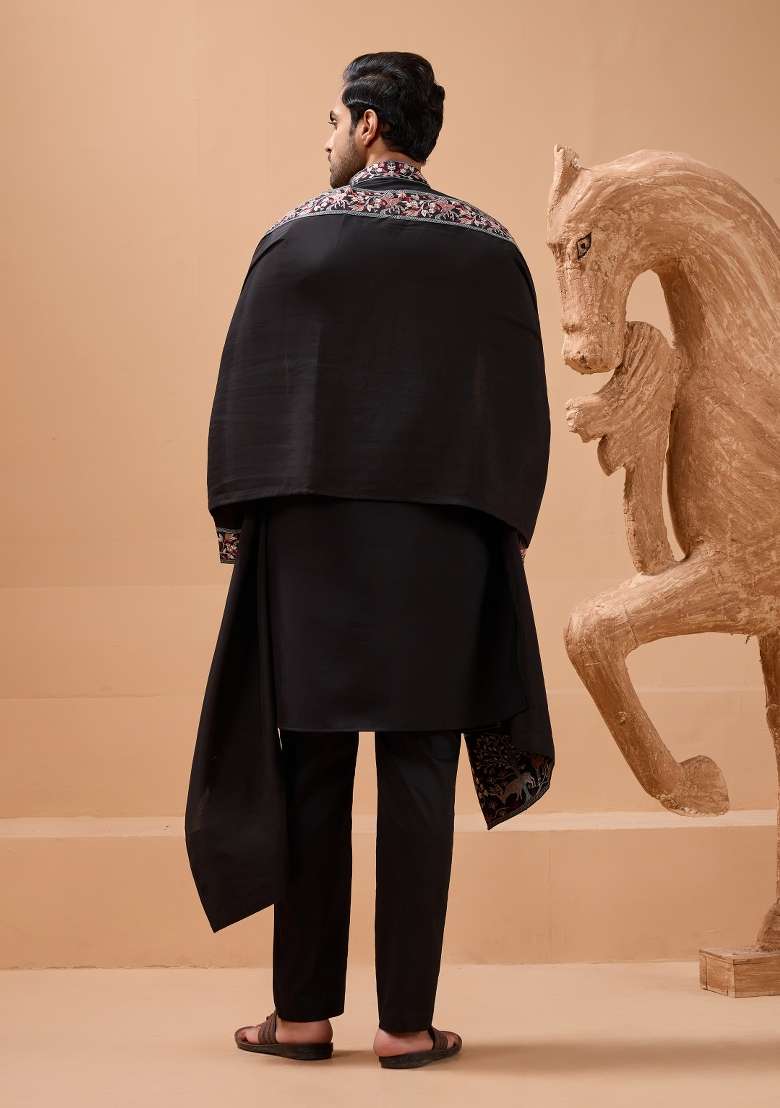 Black Embroidered Silk Blend Kurta with Dupatta Set For Men - Indya
