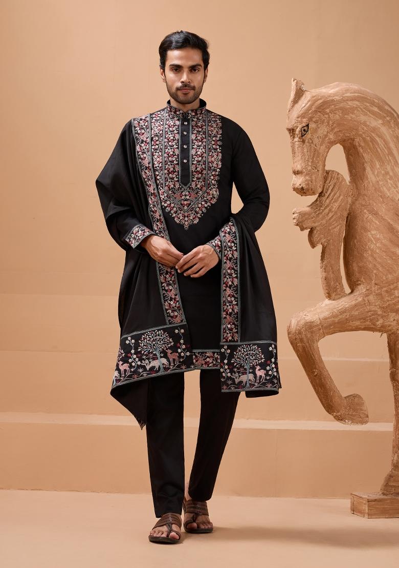 Black Embroidered Silk Kurta with Dupatta Set For Men - Indya