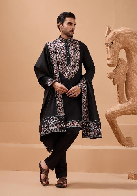 Black Embroidered Silk Blend Kurta with Dupatta Set For Men
