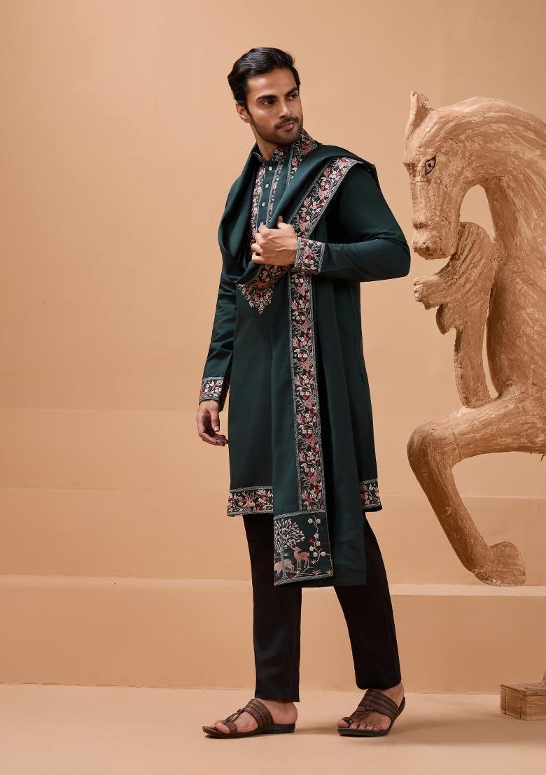 Green Embroidered Silk Kurta with Dupatta Set For Men - Indya