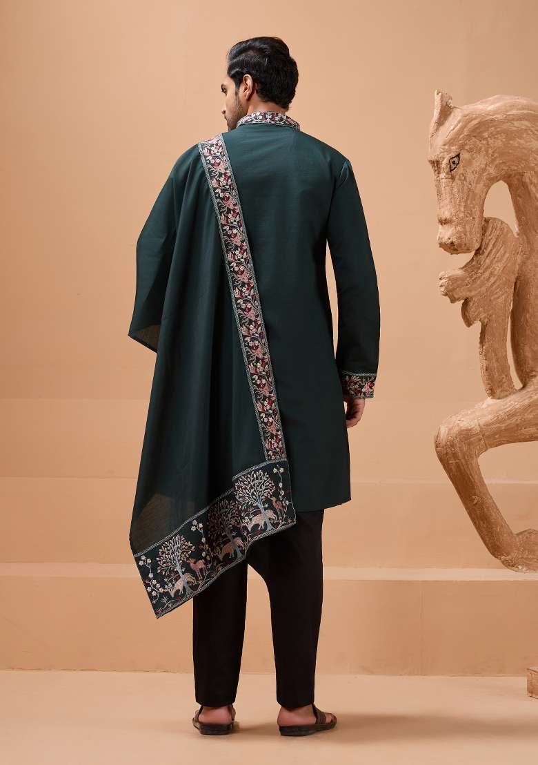 Green Embroidered Silk Blend Kurta with Dupatta Set For Men - Indya