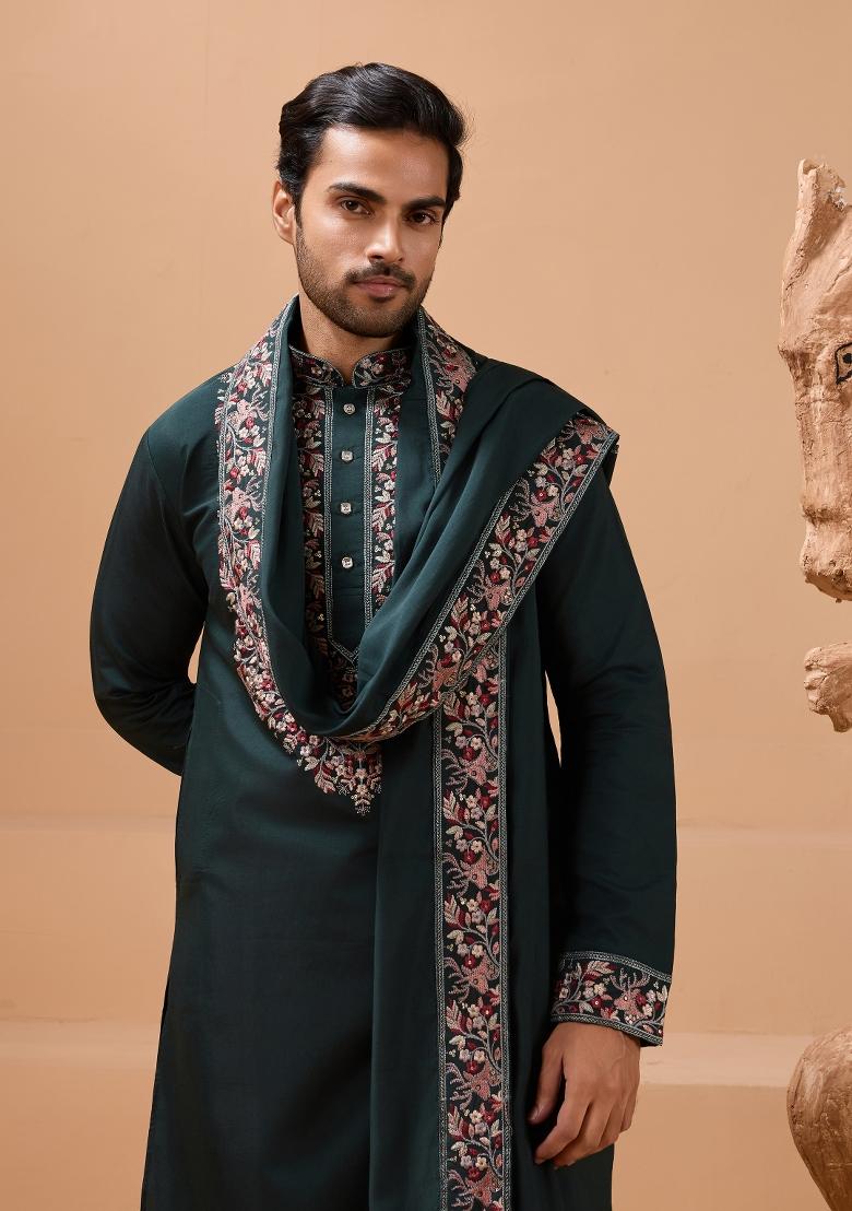 Green Embroidered Silk Kurta with Dupatta Set For Men - Indya
