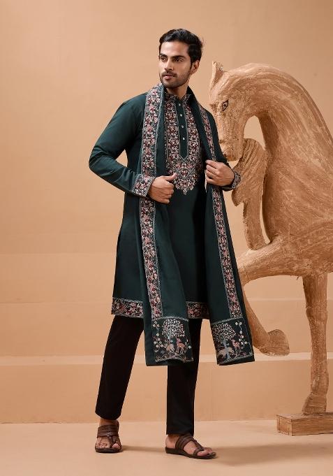 Green Embroidered Silk Blend Kurta with Dupatta Set For Men