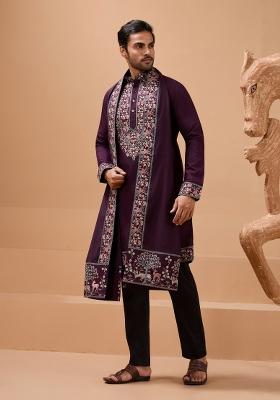 Purple Embroidered Silk Kurta with Dupatta Set For Men