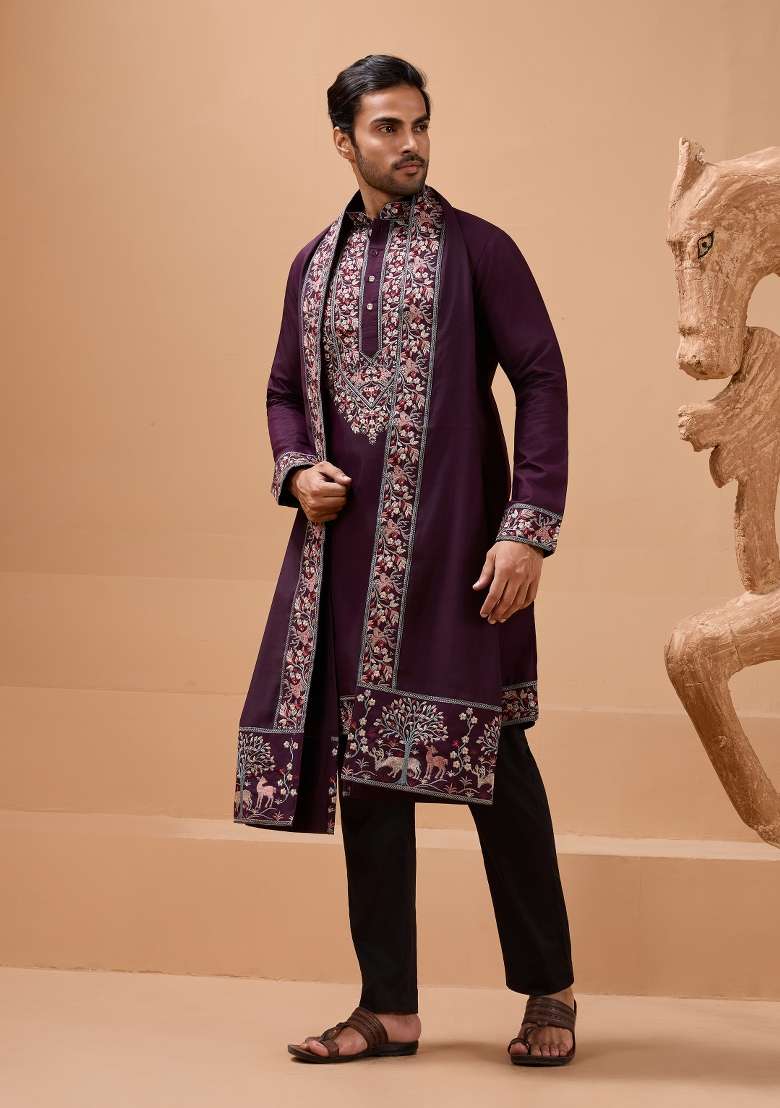 Purple Embroidered Silk Blend Kurta with Dupatta For Men - Indya