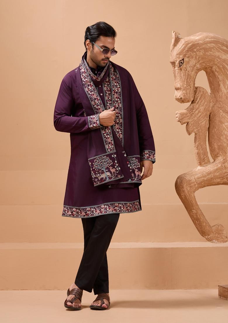 Purple Embroidered Silk Kurta with Dupatta Set For Men - Indya