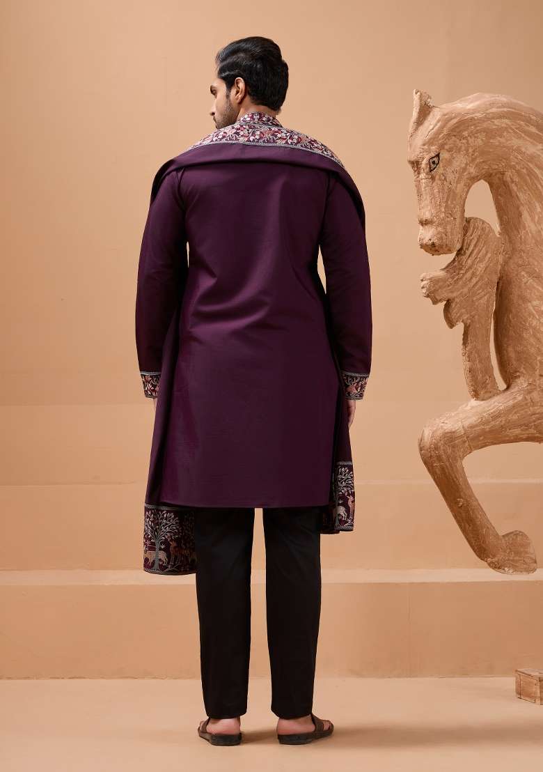 Purple Embroidered Silk Blend Kurta with Dupatta For Men - Indya