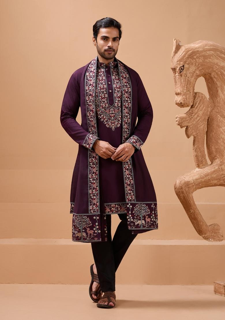 Purple Embroidered Silk Kurta with Dupatta Set For Men - Indya
