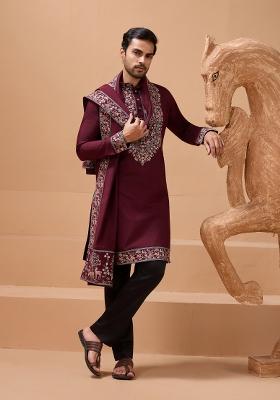 Maroon Embroidered Silk Kurta with Dupatta Set For Men
