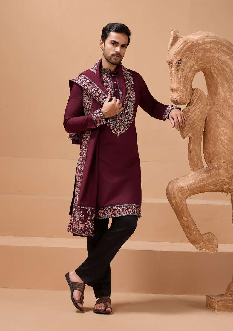 Maroon Embroidered Silk Blend Kurta with Dupatta Set For Men - Indya