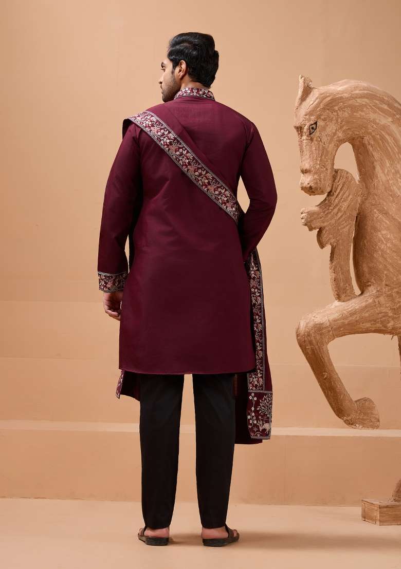 Maroon Embroidered Silk Blend Kurta with Dupatta Set For Men - Indya