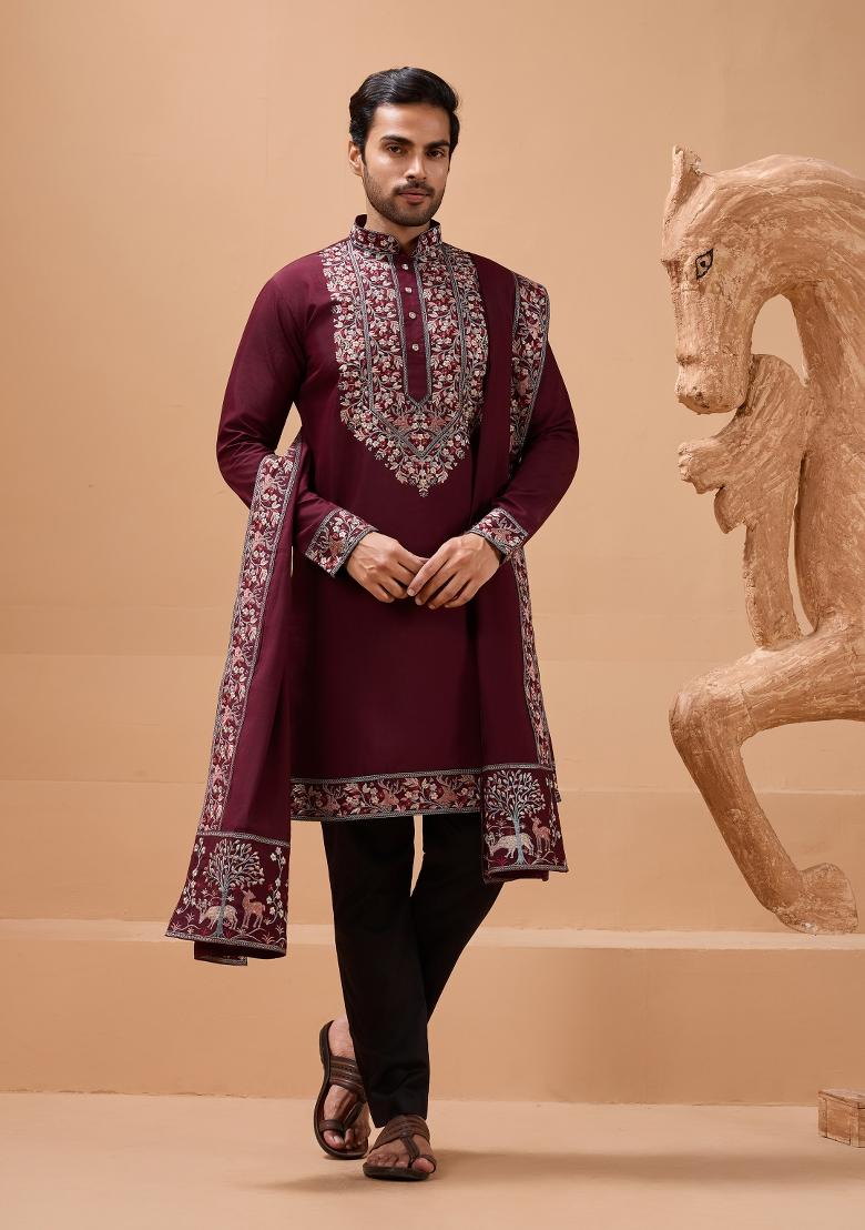 Maroon Embroidered Silk Kurta with Dupatta Set For Men - Indya
