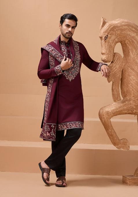 Maroon Embroidered Silk Kurta with Dupatta Set For Men