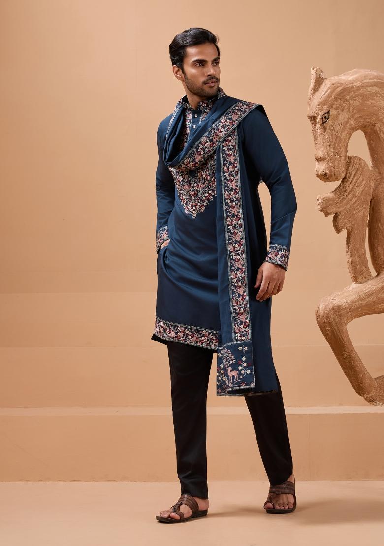 Teal Embroidered Silk Kurta with Dupatta Set For Men - Indya