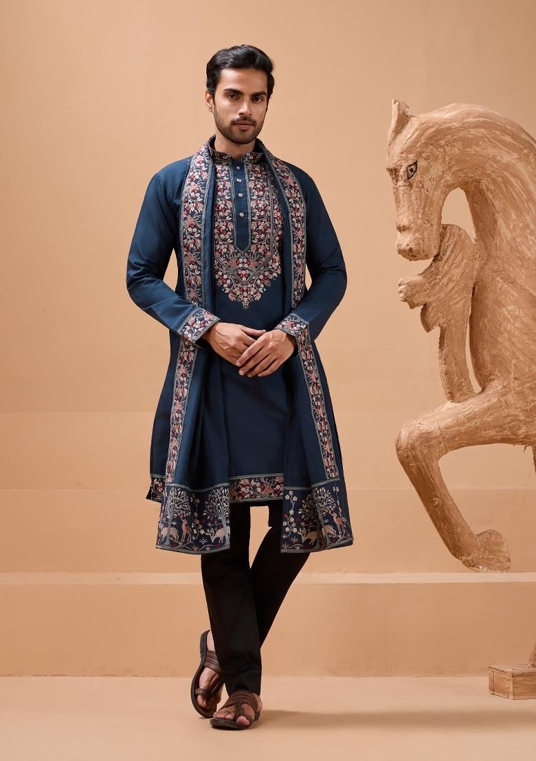 Teal Embroidered Silk Kurta with Dupatta Set For Men - Indya