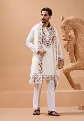White Embroidered Silk Kurta with Dupatta Set For Men