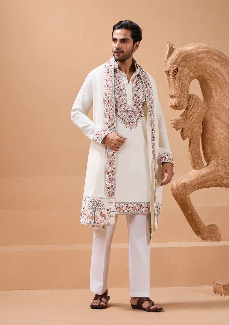 White Embroidered Silk Blend Kurta with Dupatta Set For Men - Indya