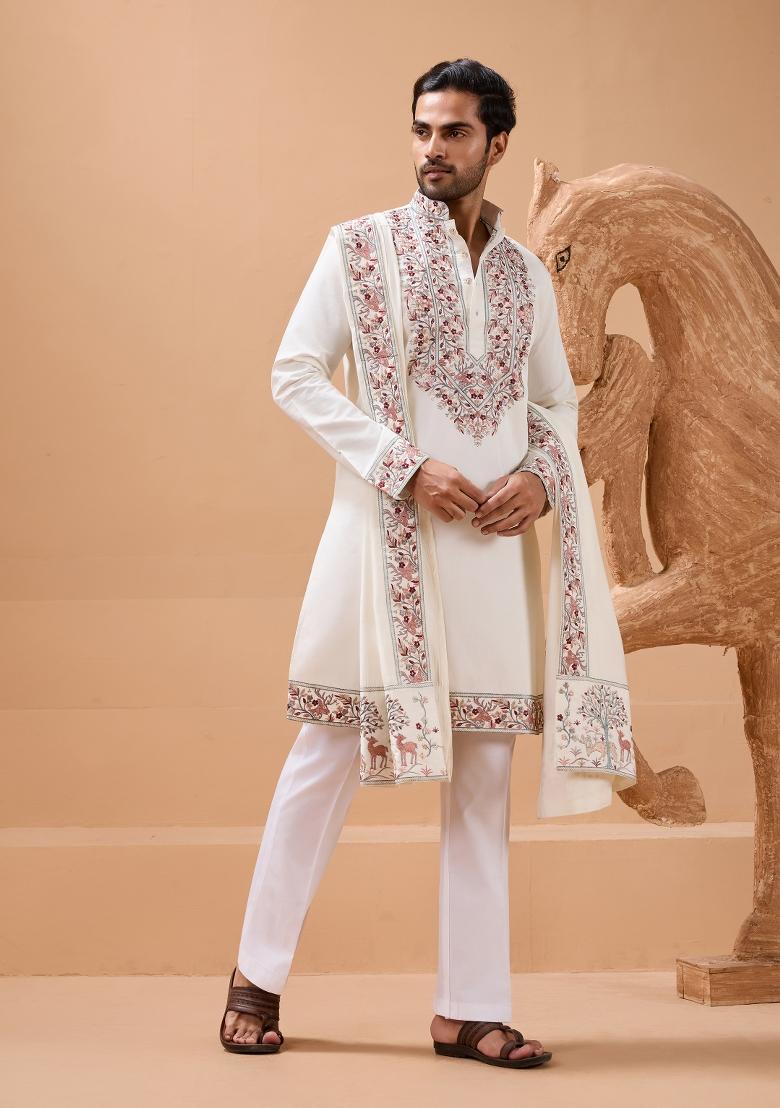 White Embroidered Silk Kurta with Dupatta Set For Men - Indya