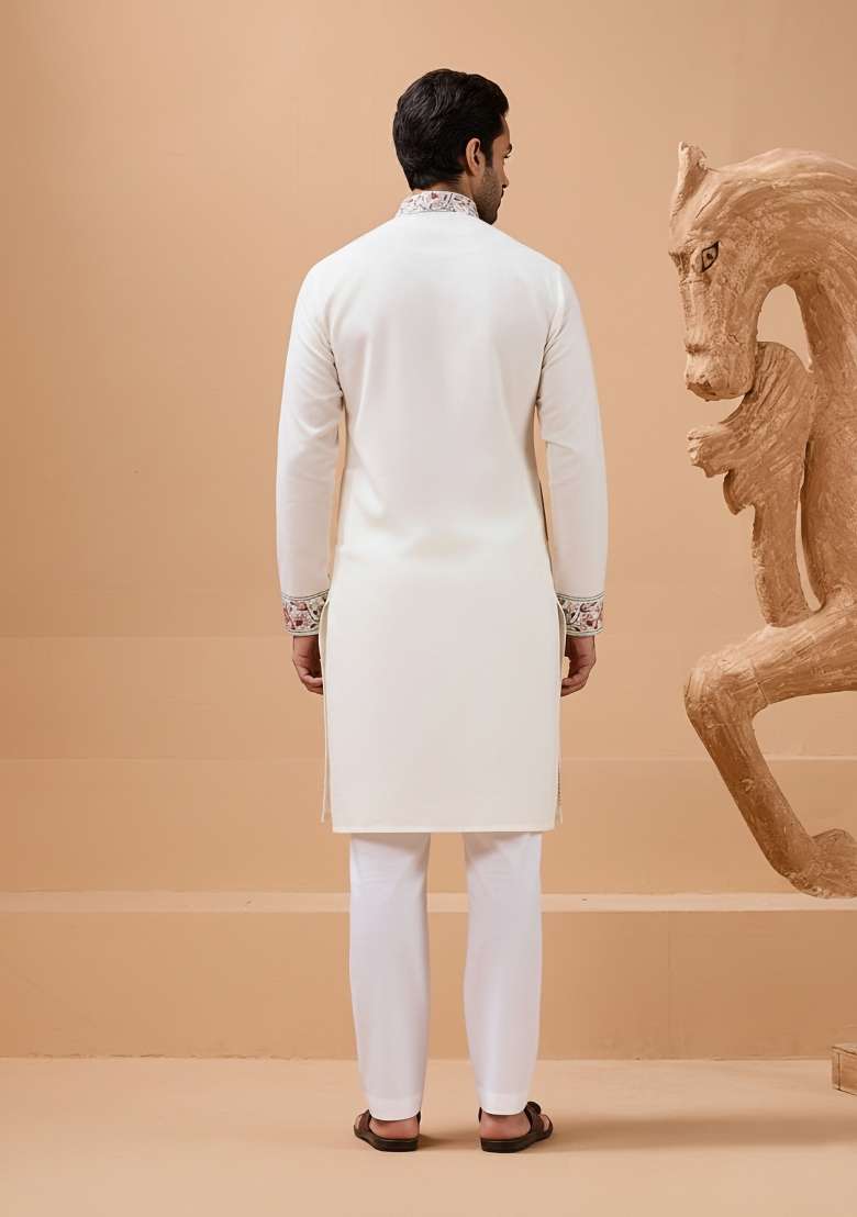 White Embroidered Silk Blend Kurta with Dupatta Set For Men - Indya