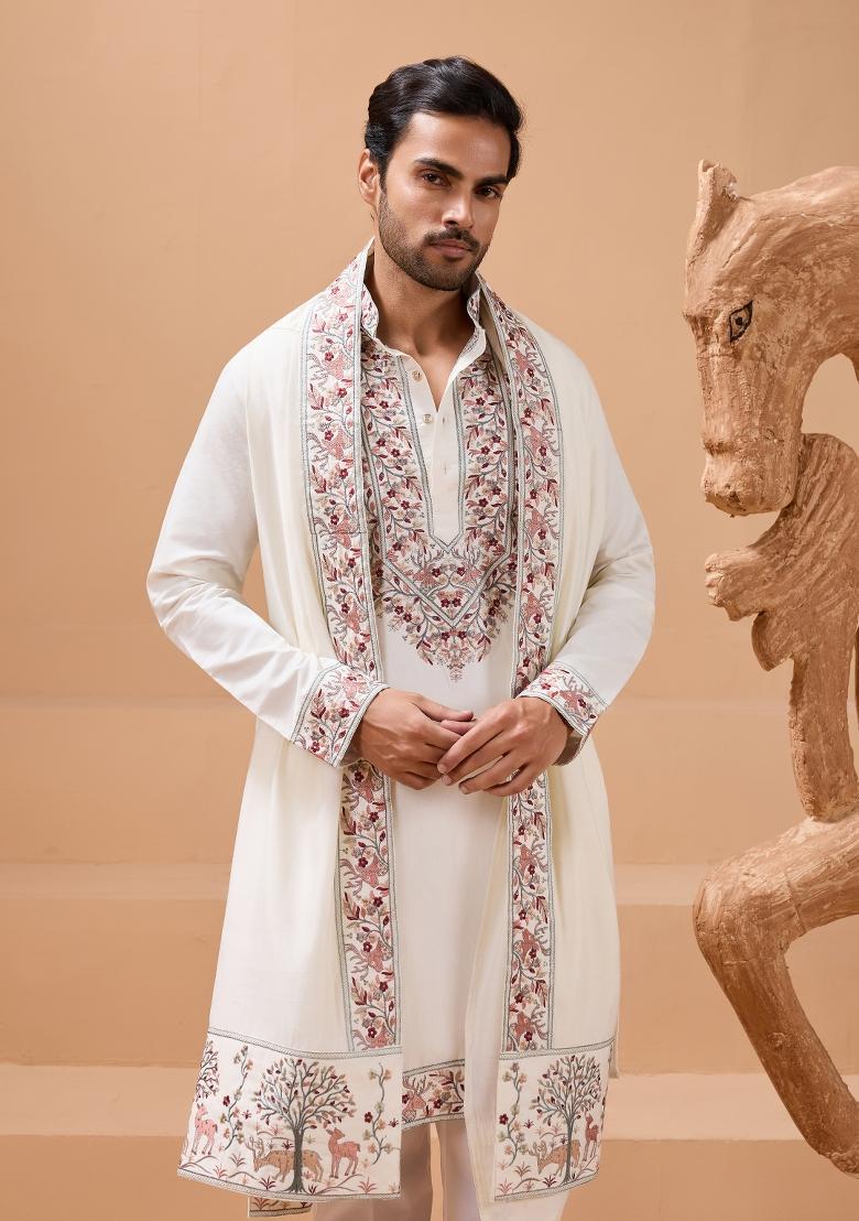 White Embroidered Silk Kurta with Dupatta Set For Men - Indya