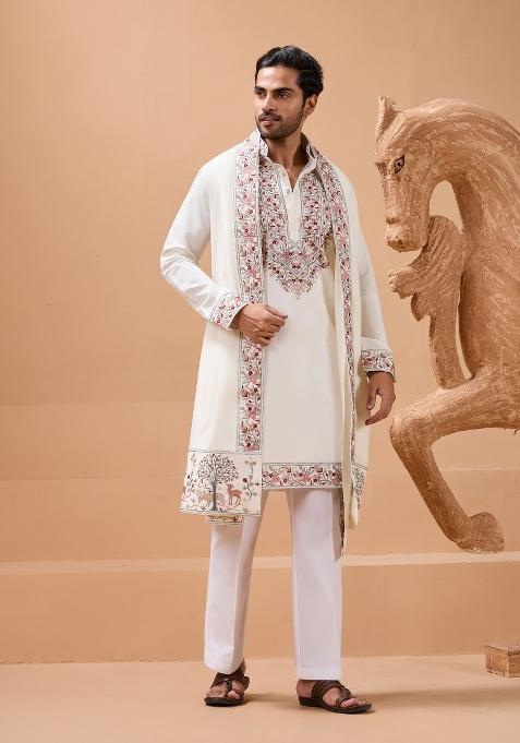 White Embroidered Silk Blend Kurta with Dupatta Set For Men