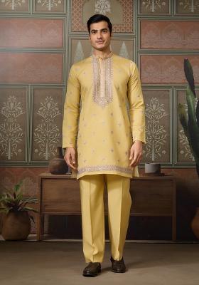Yellow Embroidered Silk Kurta Set For Men