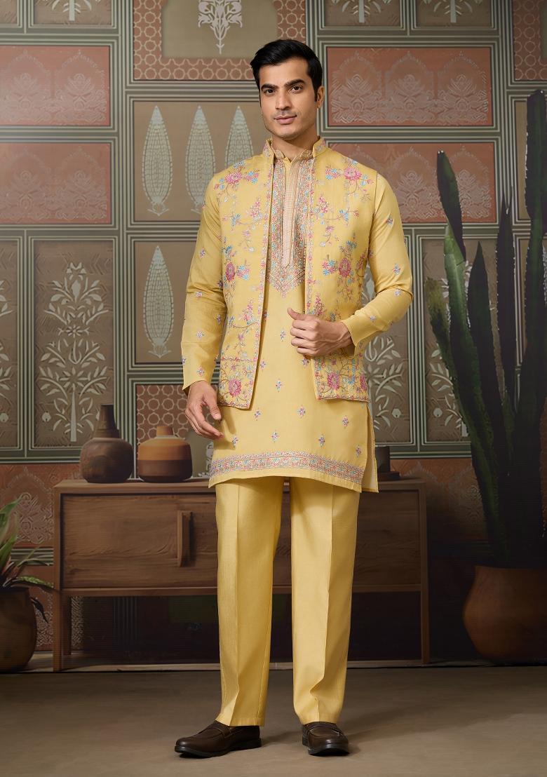 Yellow Embroidered Silk Kurta Set For Men - Indya