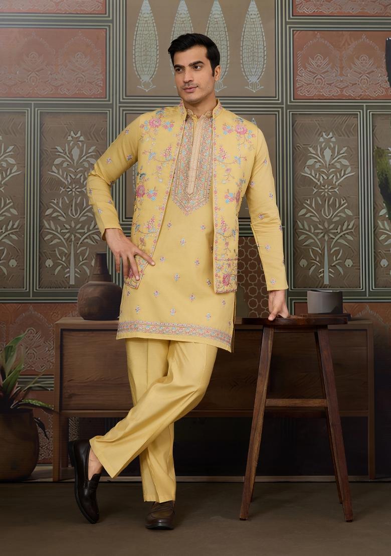 Yellow Embroidered Silk Kurta Set For Men - Indya