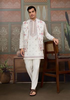White Embroidered Silk Kurta Set For Men