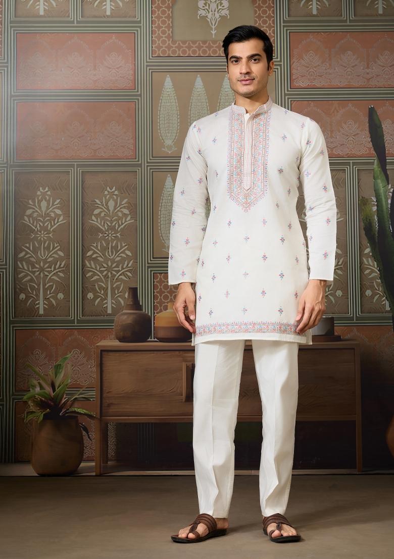 White Embroidered Silk Kurta Set For Men - Indya