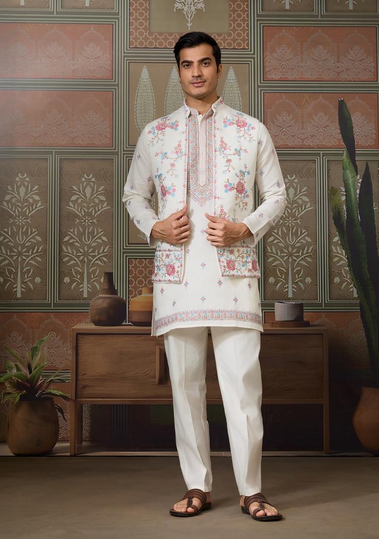 White Embroidered Silk Kurta Set For Men - Indya