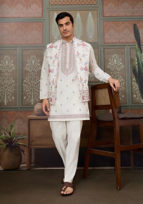 White Embroidered Silk Kurta Set For Men
