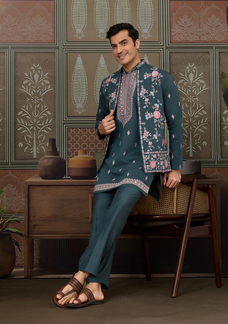 Green Embroidered Silk Kurta Set For Men - Indya
