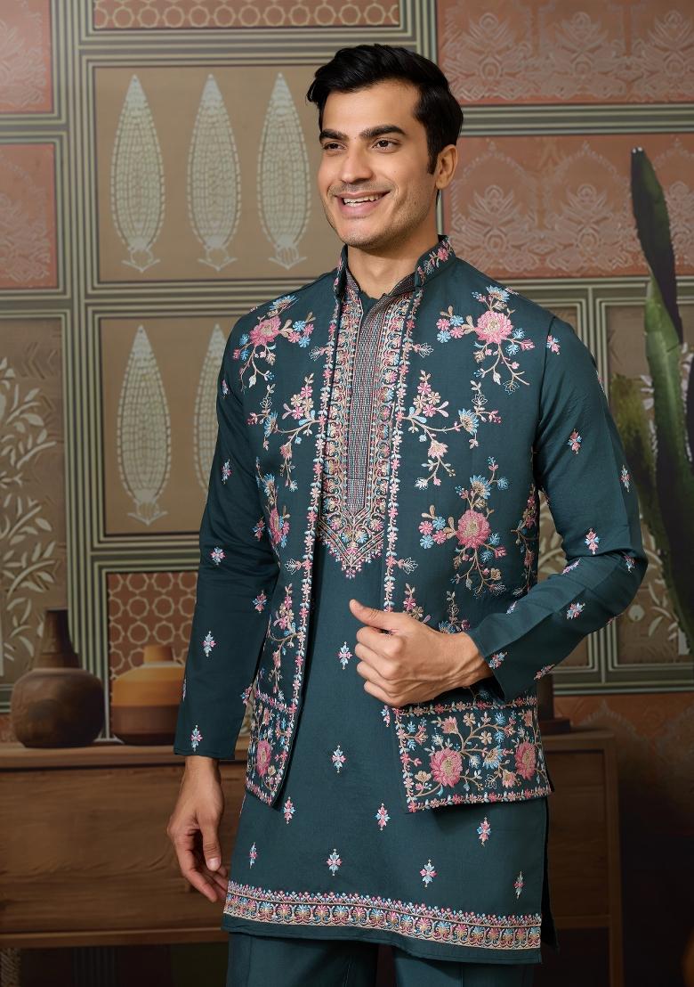 Green Embroidered Silk Kurta Set For Men - Indya