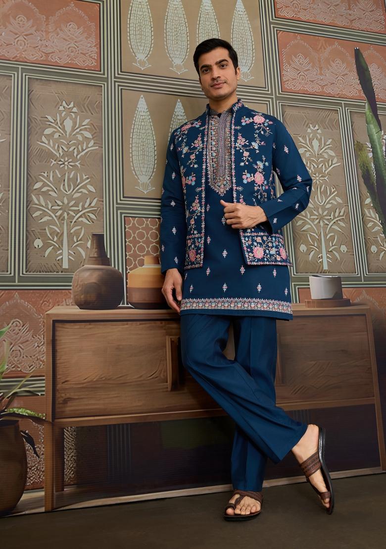 Teal Embroidered Silk Kurta Set For Men - Indya