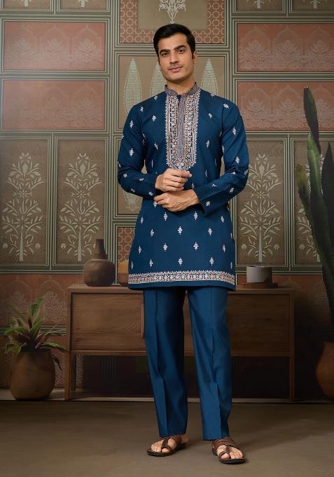 Teal Embroidered Silk Kurta Set For Men