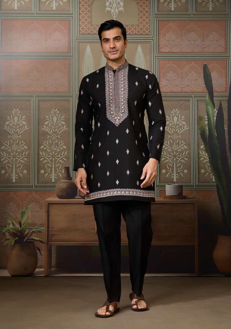 Black Embroidered Silk Blend Kurta Set For Men - Indya