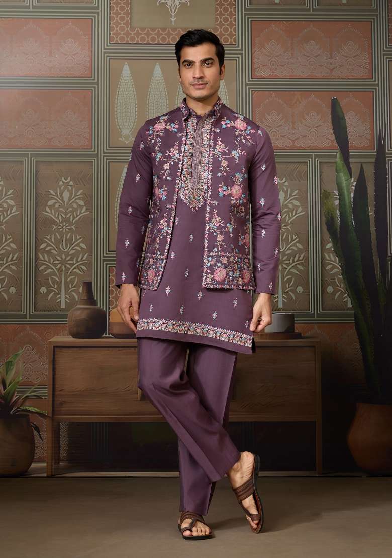 Dusty Purple Embroidered Silk Blend Kurta Set For Men - Indya