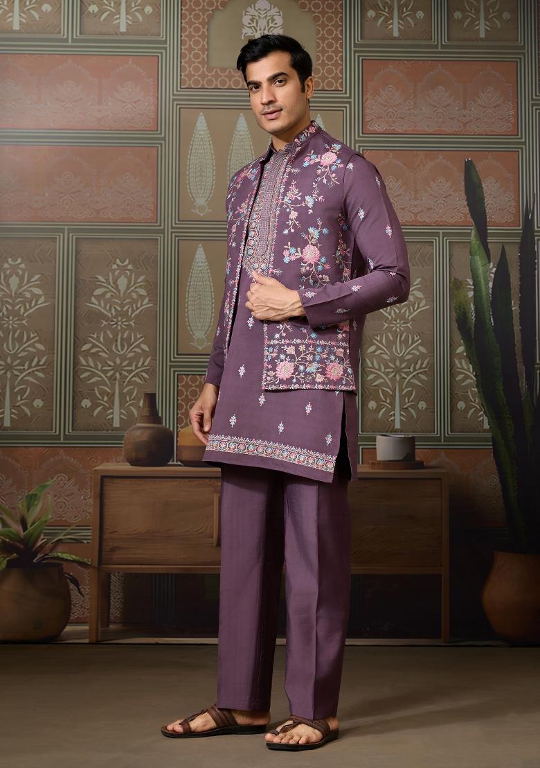 Dusty Purple Embroidered Silk Kurta Set For Men - Indya