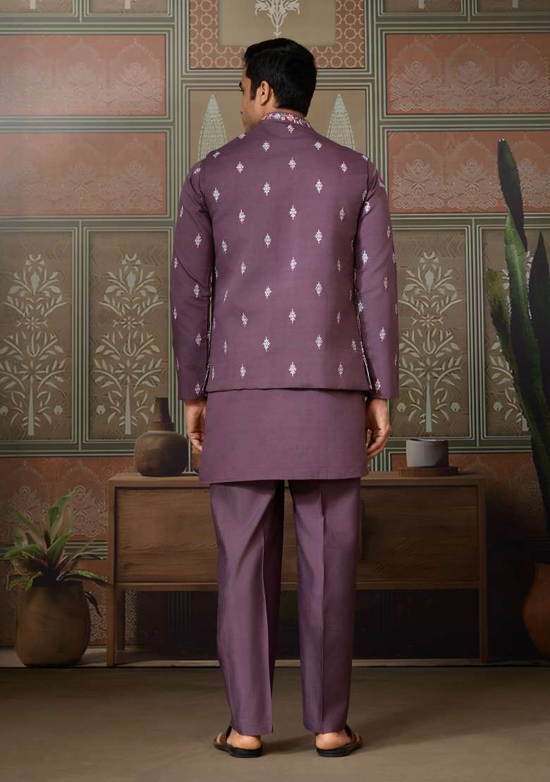 Dusty Purple Embroidered Silk Blend Kurta Set For Men - Indya