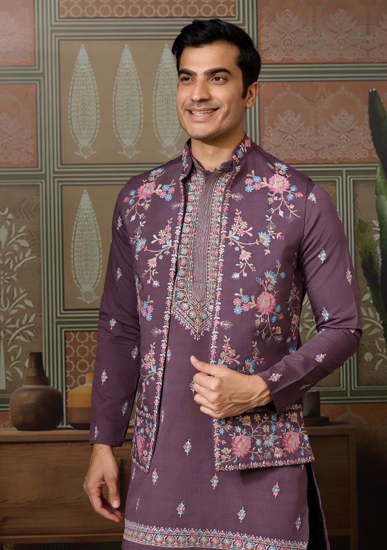 Dusty Purple Embroidered Silk Kurta Set For Men - Indya