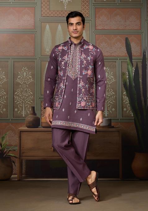 Dusty Purple Embroidered Silk Kurta Set For Men